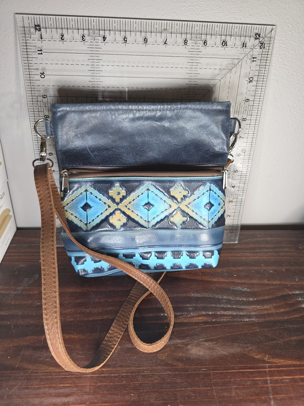 Blue Geometric Pattern Crossbody Bag with Brown Strap